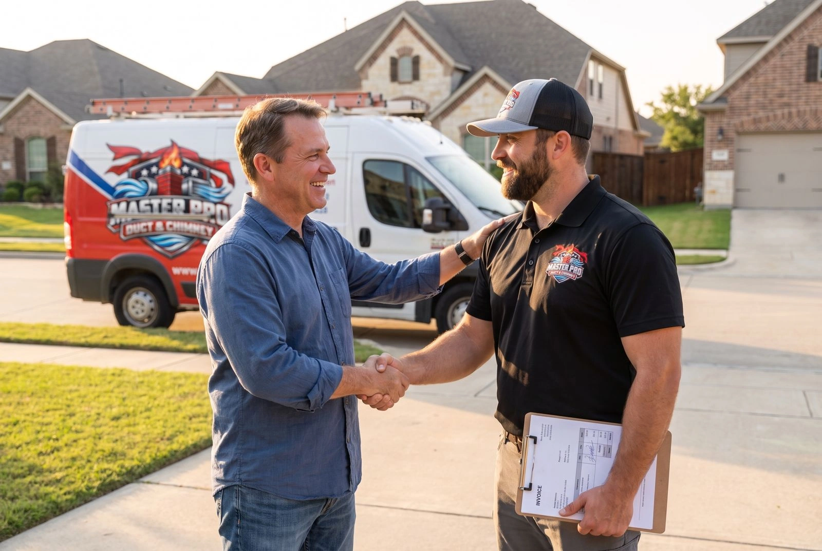 Brand illustration of a homeowner discussing service with a Master Pro technician