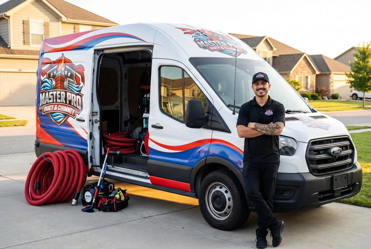 Man in Master Pro clothing standing beside a branded service van and equipment