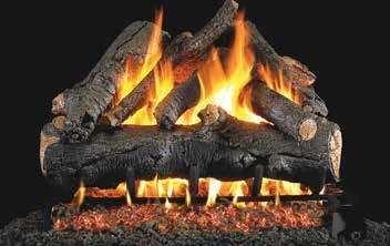 American Oak log set pictured with flames in the supplier catalog