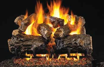 Burnt Rustic Oak log set pictured with flames in the supplier catalog