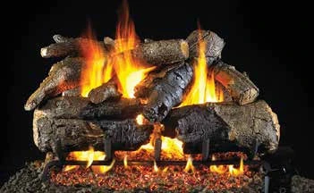 Charred American Oak log set pictured with flames in the supplier catalog