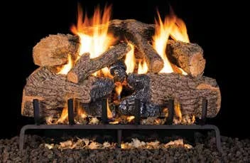 Charred Angel Oak log set pictured with flames in the supplier catalog