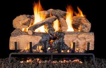 Charred Angel Split Oak log set pictured with flames in the supplier catalog
