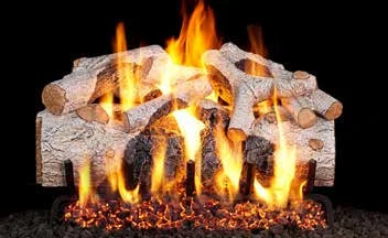 Charred Mountain Birch log set pictured with flames in the supplier catalog