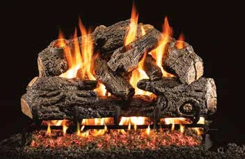 Charred Northern log set pictured with flames in the supplier catalog