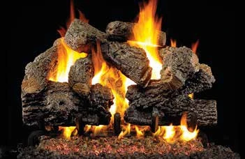 Charred Royal English Oak log set pictured with flames in the supplier catalog