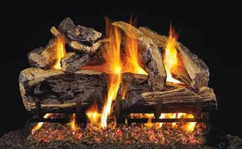 Charred Rugged Split Oak log set pictured with flames in the supplier catalog