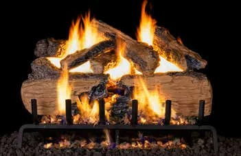 Charred Split log set pictured with flames in the supplier catalog