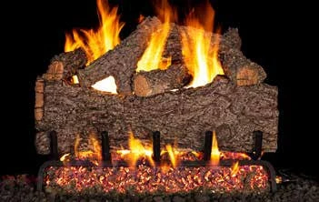 Chestnut Oak log set pictured with flames in the supplier catalog