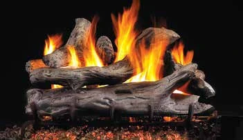 Coastal Driftwood log set pictured with flames in the supplier catalog