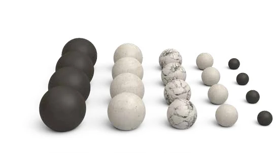 Sphere sizes and finishes shown in the catalog