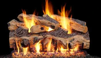 Gnarled Split Oak log set pictured with flames in the supplier catalog