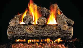 Golden Oak Designer Plus log set pictured with flames in the supplier catalog