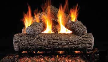 Golden Oak log set pictured with flames in the supplier catalog