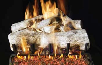 Mountain Birch log set pictured with flames in the supplier catalog