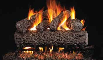 Post Oak log set pictured with flames in the supplier catalog