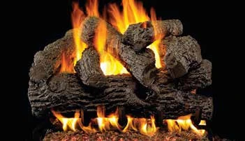 Royal English Oak log set pictured with flames in the supplier catalog