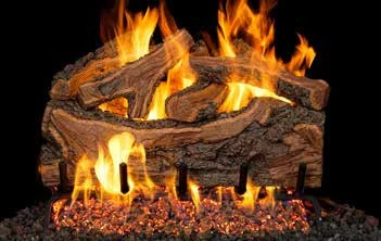 Rugged Forest Split log set pictured with flames in the supplier catalog