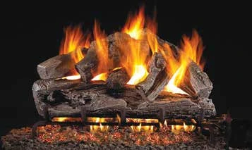 Rugged Oak log set pictured with flames in the supplier catalog