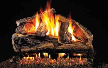 Rugged Split Oak log set pictured with flames in the supplier catalog