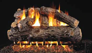 Rustic Oak Designer log set pictured with flames in the supplier catalog