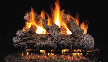 Rustic Oak log set pictured with flames in the supplier catalog
