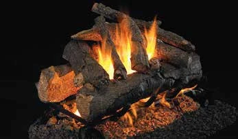 See-through American Oak log set pictured with flames in the supplier catalog