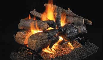 See-through Charred American Oak log set pictured with flames in the supplier catalog