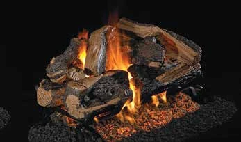 See-through Charred Rugged Split Oak log set pictured with flames in the supplier catalog