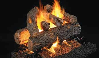 See-through Golden Oak Designer Plus log set pictured with flames in the supplier catalog