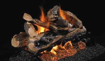 See-through Rugged Split Oak log set pictured with flames in the supplier catalog