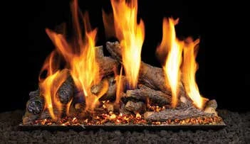 Shoreline Designer Oak log set pictured with flames in the supplier catalog