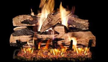 Split Oak Designer Plus log set pictured with flames in the supplier catalog