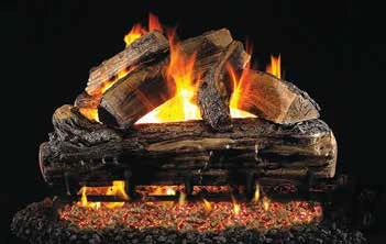 Split Oak log set pictured with flames in the supplier catalog