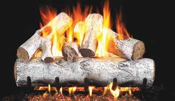 White Birch logs pictured with flames in the supplier catalog