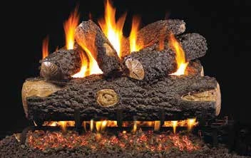 Woodland Oak log set pictured with flames in the supplier catalog