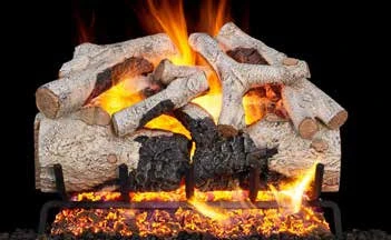 Burnt Aspen gas log set pictured with flames in the supplier catalog