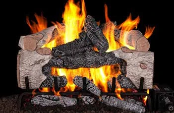 Charred Cinder Birch gas log set pictured with flames in the supplier catalog
