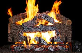Charred Cinder Oak gas log set pictured with flames in the supplier catalog