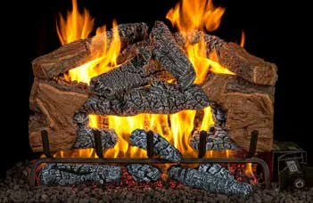 Charred Cinder Split gas log set pictured with flames in the supplier catalog