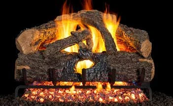 Charred Evergreen Oak gas log set pictured with flames in the supplier catalog