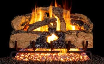 Charred Evergreen Split Oak gas log set pictured with flames in the supplier catalog
