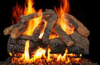 Charred Majestic Oak Enhanced gas log set pictured with flames in the supplier catalog