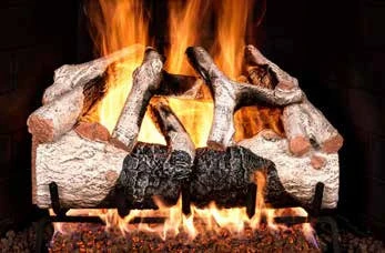 Charred Mountain Birch Enhanced gas log set pictured with flames in the supplier catalog