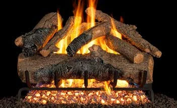 Colonial Oak gas log set pictured with flames in the supplier catalog
