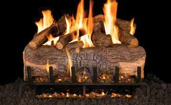 Mountain Crest Oak gas log set pictured with flames in the supplier catalog
