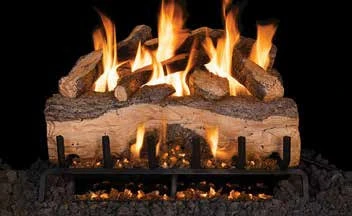 Mountain Crest Split Oak gas log set pictured with flames in the supplier catalog