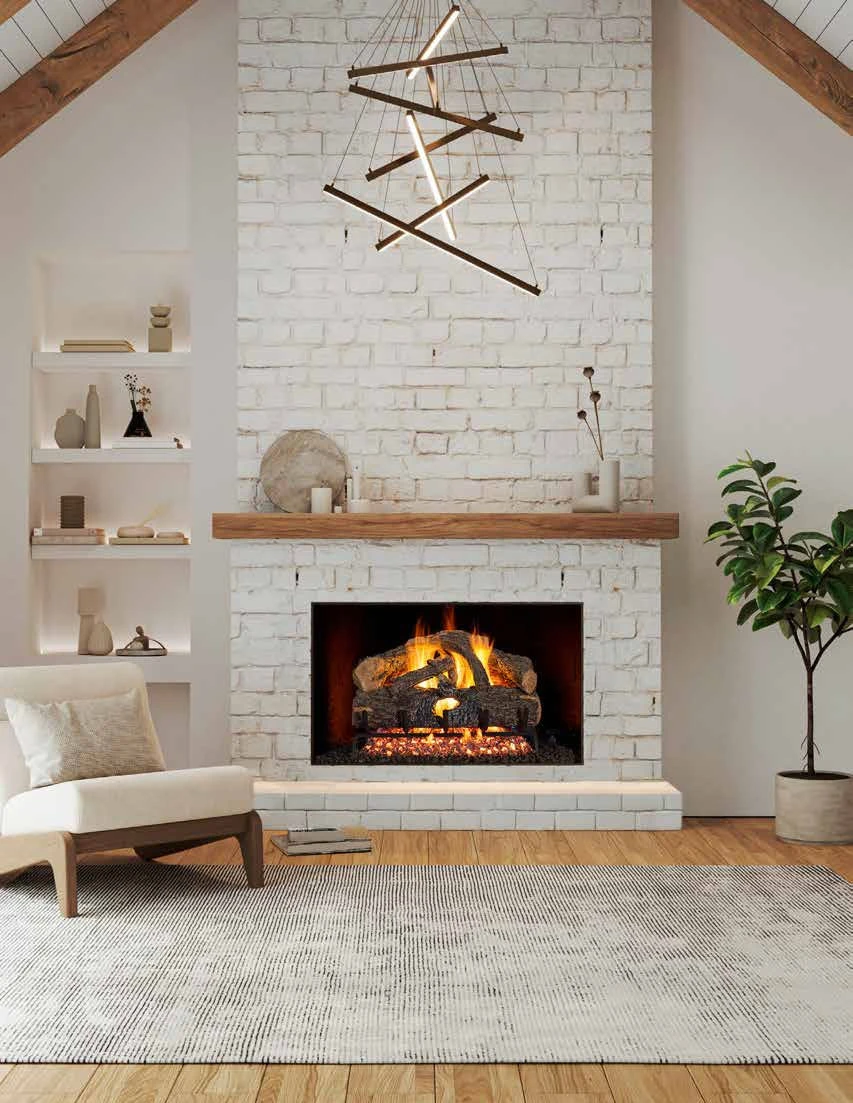 Supplier photograph of a living room with a lit gas log fireplace and white brick surround