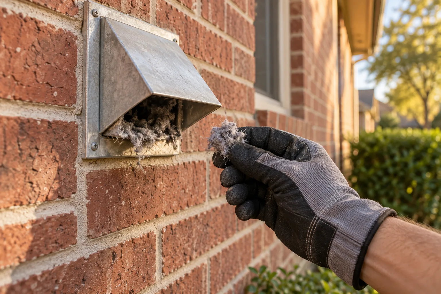 Illustrative lint buildup at an exterior dryer vent outlet