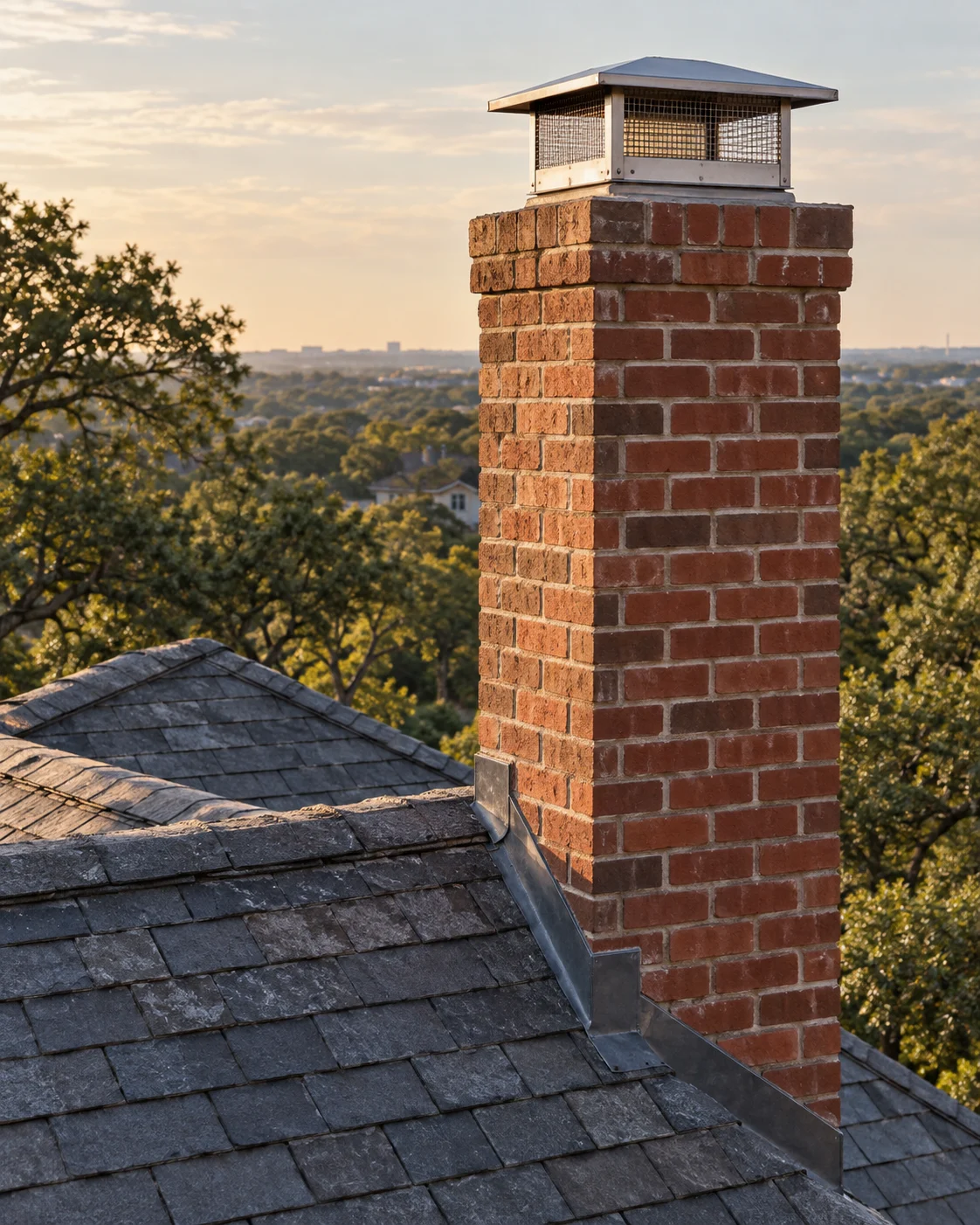Illustrative brick chimney and cap above a residential roof